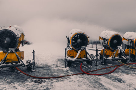Snow cannons spray artificial snow crystals. Cars make snow. snow guns. Production of artificial...