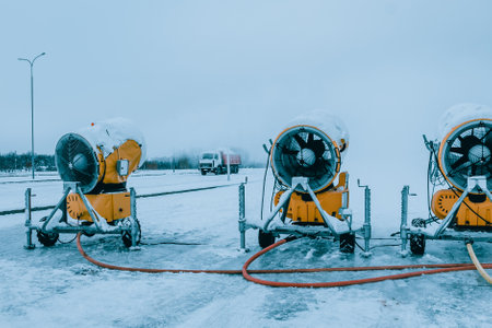 Snow cannons spray artificial snow crystals. Production of artificial snow. Cars make snow. snow guns.の写真素材