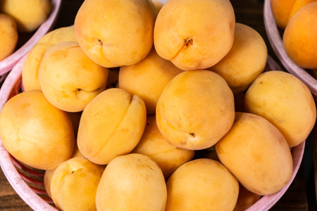 Ripe fresh apricots in plastic bowls. Sale of apricots at the farmers' market.の写真素材