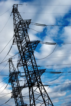 A transmission equipment tower on the blue sky background.