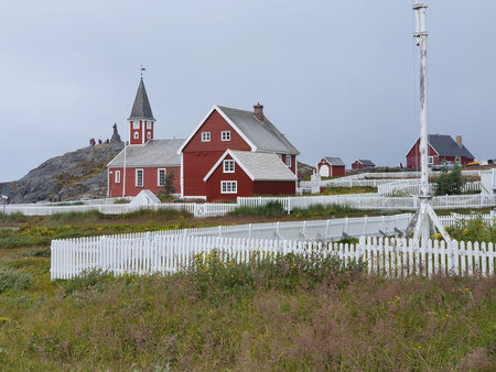 Historic buildings in Nuuk, Greenland, on the left the cathedral, on the far left in the background...