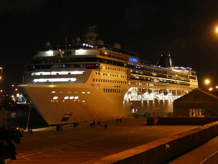 Cruise ship in the port of Haifa, Israel at nightの写真素材