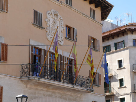 Flags on the balcony of Soller Town Hall, Mallorca, Balearic Islands, Spain