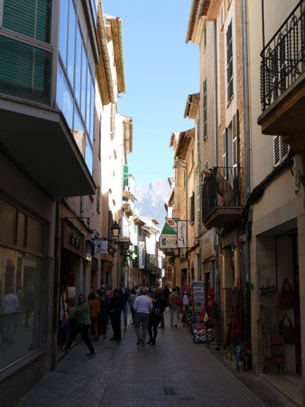 The shopping street Carrer de sa lluna (Moon Street) in Soller, Mallorca, Balearic Islands, Spain is...