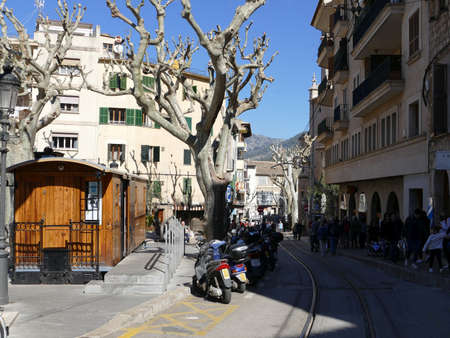 Ticket office in a discarded wagon of the historic "Tren (ferrocarril) des Soller" (Train (Railway) of Soller) in Soller, Mallorca, Balearic Islands, Spainのeditorial素材