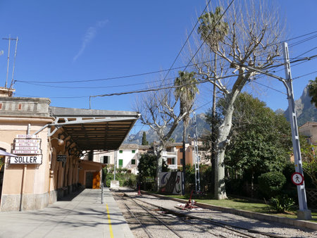 Soller train station, Mallorca, Balearic Islands, Spain, the station building on the left