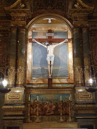 Jesus on the cross in the parish church of Sant Bartomeu, Soller, Mallorca, Balearic Islands, Spainの写真素材