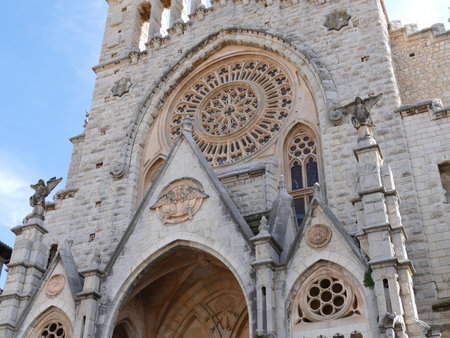The modernist facade of the parish church of Sant Bartomeu, Soller, Mallorca, Balearic Islands,...