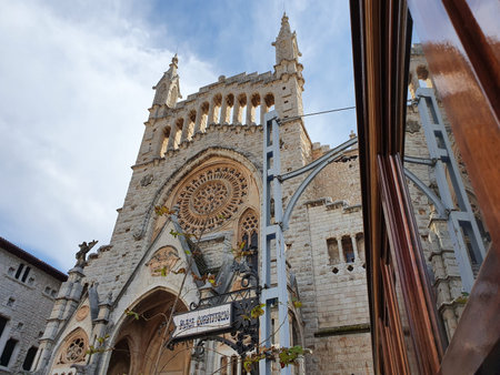 The modernist facade of the parish church of Sant Bartomeu, Soller, Mallorca, Balearic Islands,...