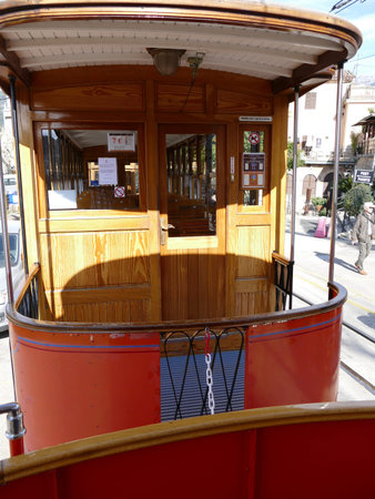 Detail of a carriage of the historic tram from Soller to Port de Soller in Soller, Mallorca,...