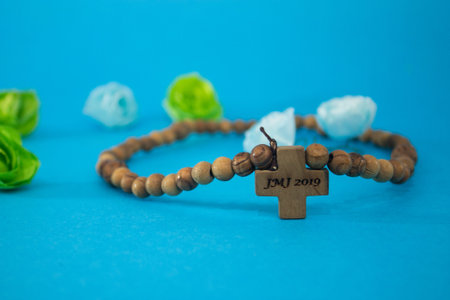 Holy Rosary WYD 2019 with roses on blue backgroundの写真素材