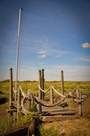 Small Wooden Pontoon abobe a Dried Up Riverの写真素材