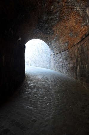 In an Old and Dark Tunnel in Barcelonaの写真素材