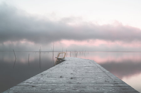 Abandoned pier with a ladder at dawn