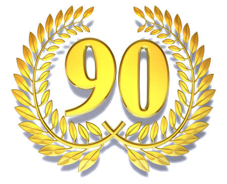 Golden laurel wreath with number ninety inside on a white backgroundの写真素材