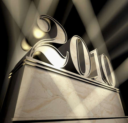 Silvery pedestal with number two thousand ten in sunbeamsの写真素材