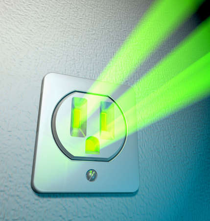 Abstract depiction of green energy coming out from a socket at a white wallの写真素材