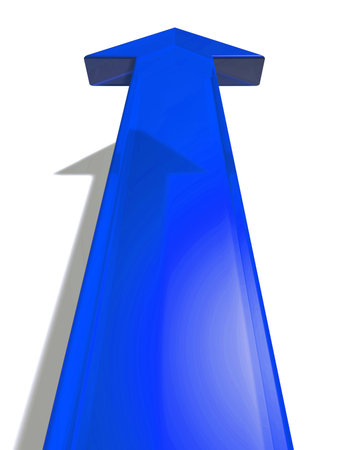 Isolated blue arrow pointing forward at a white backgroundの写真素材