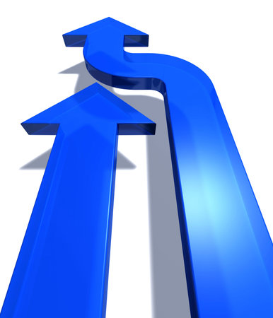 Two blue arrows pointing forward at a white background, one directly and one with a small turn