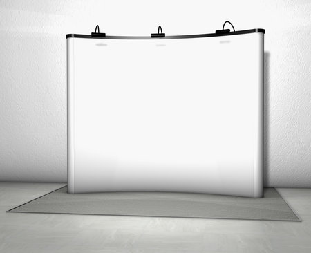 Trade exhibition stand with screen at a grey floor