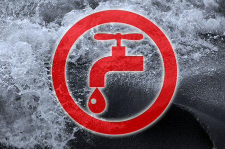 River surface with slight waves with foam and a water tap icon in red inside