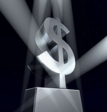 Dollar sign Illustration of the Dollar sign in silver on a silver pedestal at a black backgroundの写真素材
