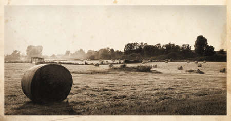 Hay bales postcard Old postcard of a landscape with a lot of hay balesの写真素材