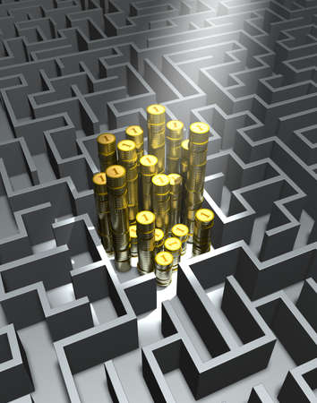 Labyrinth and money Labyrinth in grey with stacks of golden coins in the centerの写真素材