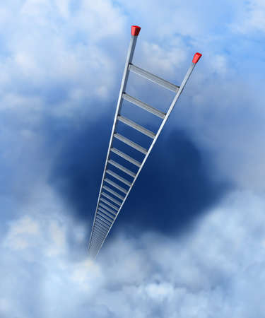 Ladder to heaven A ladder with red anti-slip shoes leaning into the cloudsの写真素材