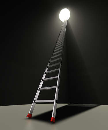 Ladder and hole A ladder with red anti-slip shoes leaning against a black wall with a holeの写真素材