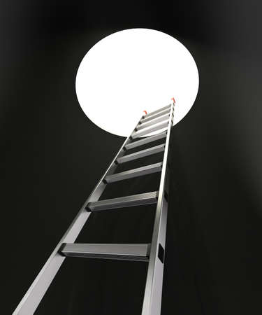 Ladder and hole A ladder with red anti-slip shoes leaning against a black wall with a holeの写真素材