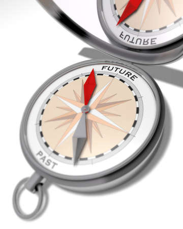 Future or past Fantasy illustration of a compass with a red arrow pointing to future and a grey arrow pointing to past and a turned-up cover with the mirror image of the word futureの写真素材