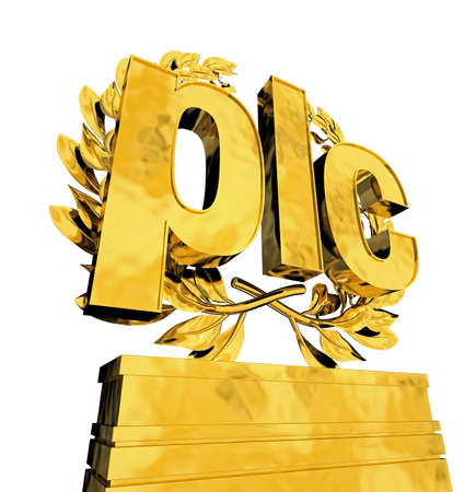 plc in gold letters in front of laurel wreath on pedestalの写真素材