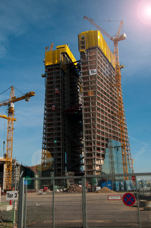 A big construction site with cranes