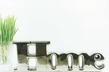 Grass in a glass and home on white backgroundの写真素材