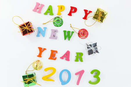 Colorful character made from resin  Happy New Year put word  and Gift の写真素材
