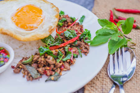 Thai Food Rice topped with egg and stir-fried beef and basil, famous street food in Thailand, fast food, soft focusの写真素材