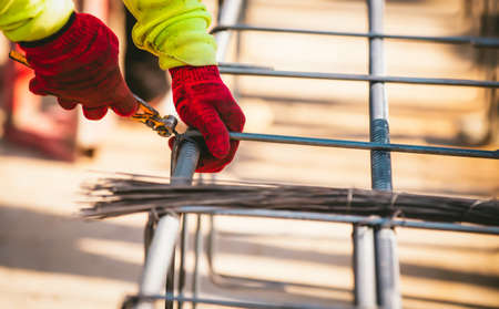Reinforcement steel rod and deformed bar with rebar at construction site.の写真素材