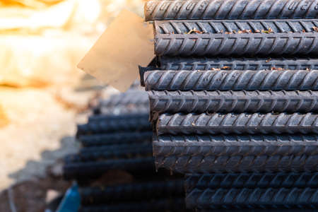 Reinforcement steel rod and deformed bar with rebar at construction site.の写真素材