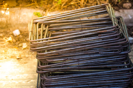 Reinforcement steel rod and deformed bar with rebar at construction site.の写真素材