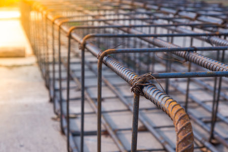 Reinforcement steel rod and deformed bar with rebar at construction site.の写真素材