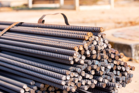 Reinforcement steel rod and deformed bar with rebar at construction site.の写真素材