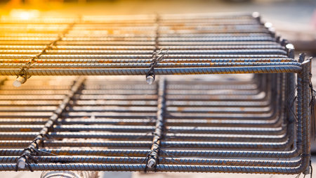 Reinforcement steel rod and deformed bar with rebar at construction site.の写真素材