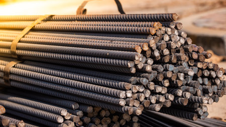 Reinforcement steel rod and deformed bar with rebar at construction site.の写真素材