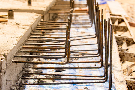 Reinforcement steel rod and deformed bar with rebar at construction site.の写真素材