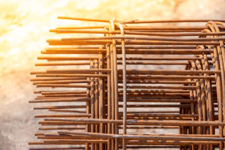 Reinforcement steel rod and deformed bar with rebar at construction site.の写真素材