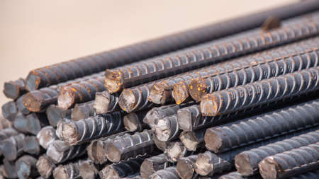 Reinforcement steel rod and deformed bar with rebar at construction site.の写真素材