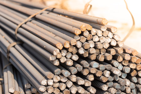 Reinforcement steel rod and deformed bar with rebar at construction site.の写真素材