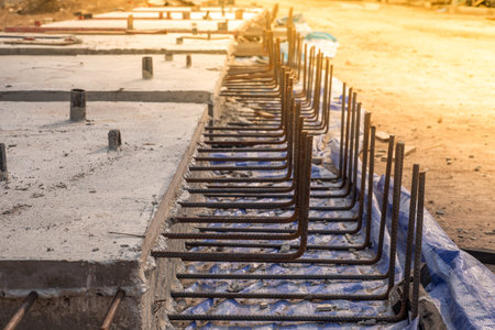 Reinforcement steel rod and deformed bar with rebar at construction site.