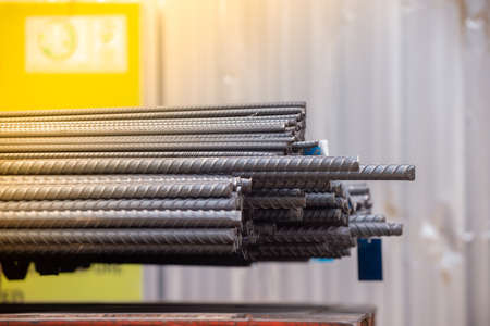 Reinforcement steel rod and deformed bar with rebar at construction site.の写真素材